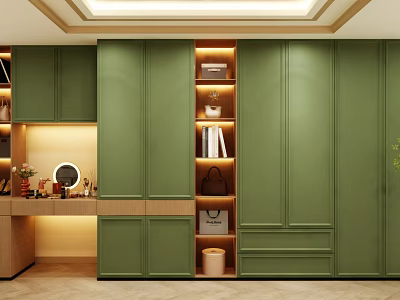 Modern Green Wardrobe Interior Design With Shelves Drawers Mirror And Dressing Table 3d model