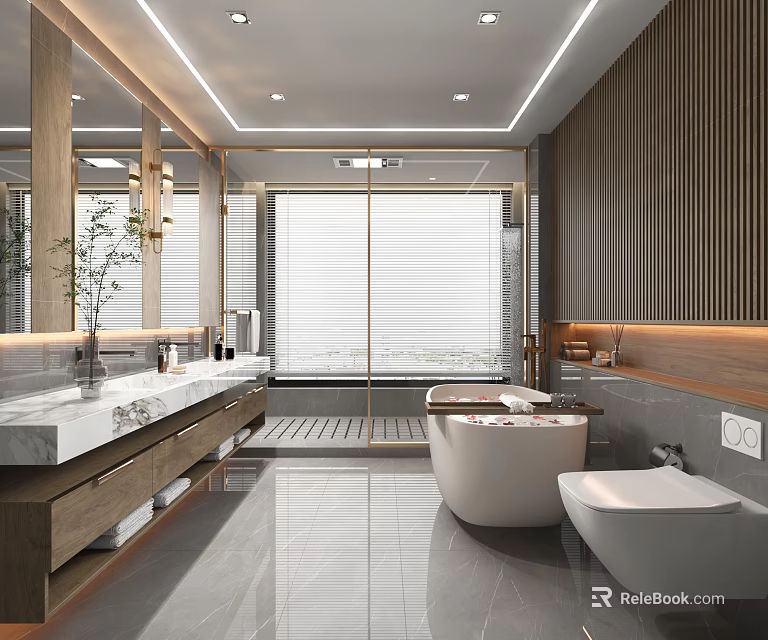 Modern Bathroom Interior With Marble Vanity Freestanding Bathtub Wooden Walls And Recessed Lighting 3d model 