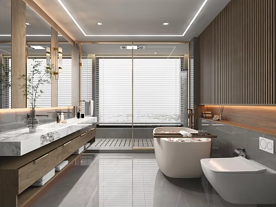 Modern Bathroom Interior With Marble Vanity Freestanding Bathtub Wooden Walls And Recessed Lighting 3d model