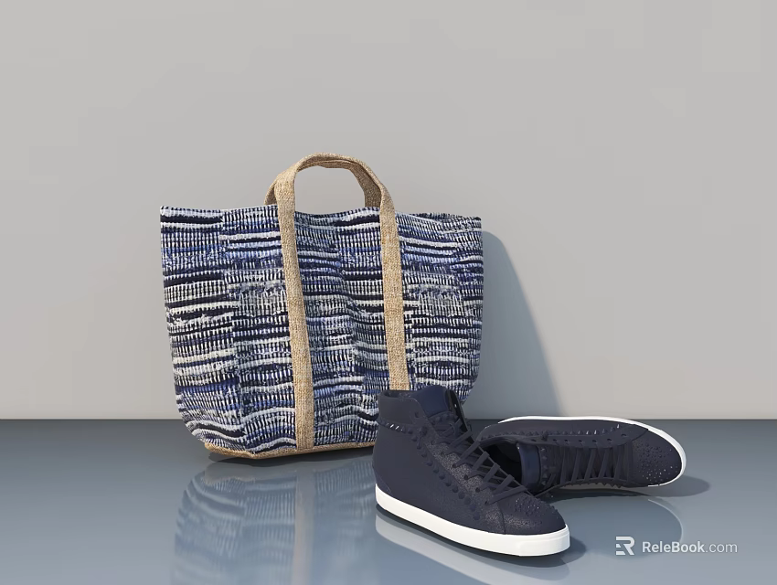 Blue And White Striped Tote Bag With Beige Handles And Dark Blue Shoes 3d model 