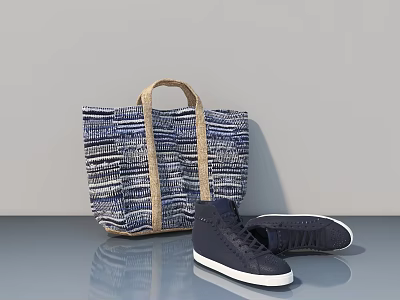 Blue And White Striped Tote Bag With Beige Handles And Dark Blue Shoes 3d model
