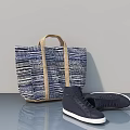 Blue And White Striped Tote Bag With Beige Handles And Dark Blue Shoes