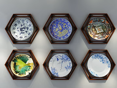 Wall Hanging Decorative Plates in Hexagonal Wooden Frames with Various Colorful Patterns on Wall 3d model