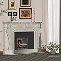 Carved White Fireplace with Framed Pictures Green Plants and Window Blinds in Classic Interior Decor