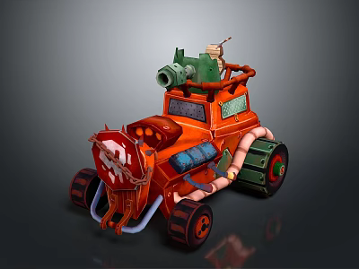 Detailed Orange Cartoon Mechanical Vehicle With Green Cannon And Pipes 3d model