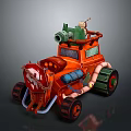 Detailed Orange Cartoon Mechanical Vehicle With Green Cannon And Pipes