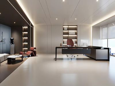 Modern Office Interior With Desk Red Chair Bookshelves Sofa And Lighting 3d model