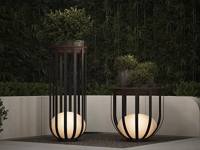 Modern Floor Lamps With Black Metal Cage Round Light And Green Plants In Bamboo Forest 3d model