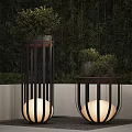 Modern Floor Lamps With Black Metal Cage Round Light And Green Plants In Bamboo Forest
