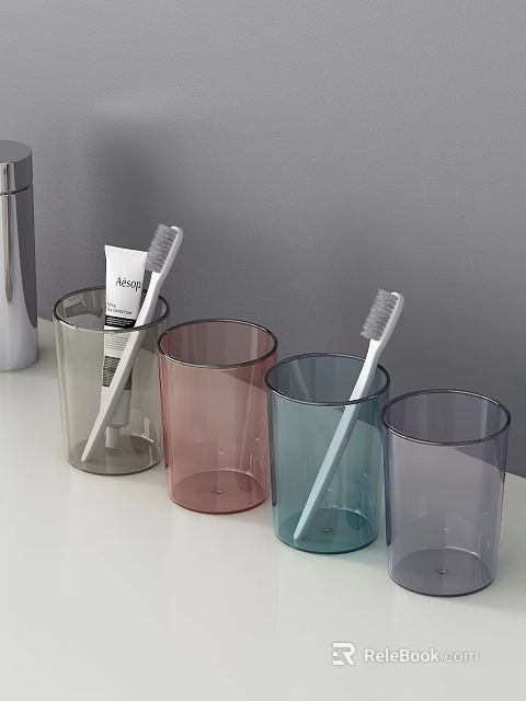 Modern Bathroom Accessories With Assorted Color Tumblers Toothbrushes And Toothpaste On White Countertop 3d model 