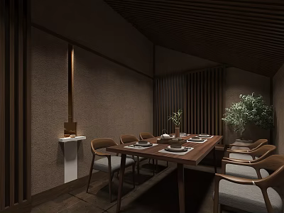 Private Dining Room Interior With Long Wooden Table Wooden Chairs Green Plant And Warm Lighting 3d model