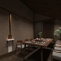 Private Dining Room Interior With Long Wooden Table Wooden Chairs Green Plant And Warm Lighting