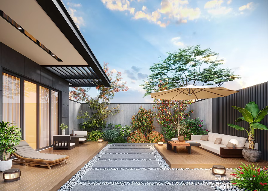 Modern Courtyard Garden With Wooden Deck Stone Pathway Outdoor Sofa And Lush Green Plants 3d model 