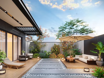 Modern Courtyard Garden With Wooden Deck Stone Pathway Outdoor Sofa And Lush Green Plants 3d model