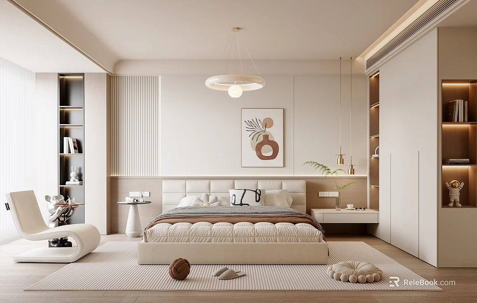 Modern Bedroom Interior Design With Large Bed Decorative Painting Pendant Light And Bedside Tables 3d model 