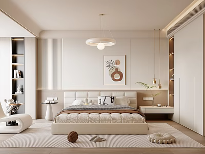 Modern Bedroom Interior Design With Large Bed Decorative Painting Pendant Light And Bedside Tables 3d model