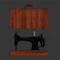 Vintage Industrial Sewing Machine With Black Body Wooden Cover And Red Base