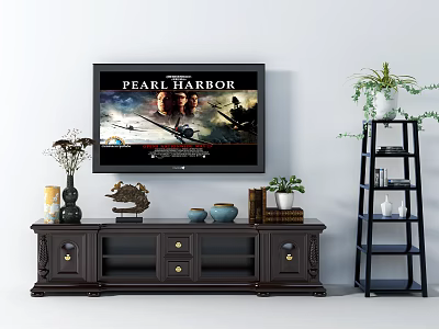 Dark TV Stand with Flat Screen TV Decorative Vases Figurines Bowls and Side Shelf Green Plants 3d model