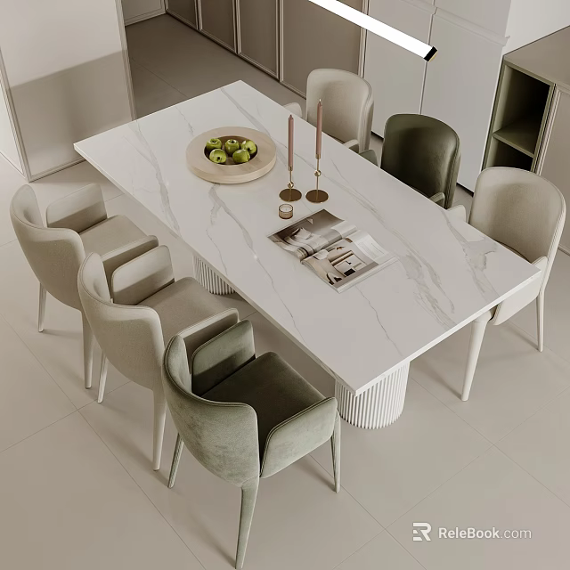 Modern Dining Table Set with White Marble Top and Upholstered Grey Beige Chairs 3d model