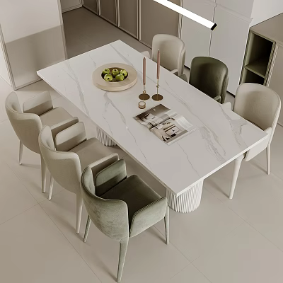 Modern Dining Table Set with White Marble Top and Upholstered Grey Beige Chairs 3d model