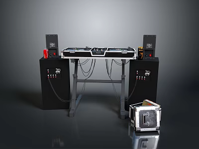 Household Control Console With Black Cabinets Cables And Metal Storage Box 3d model