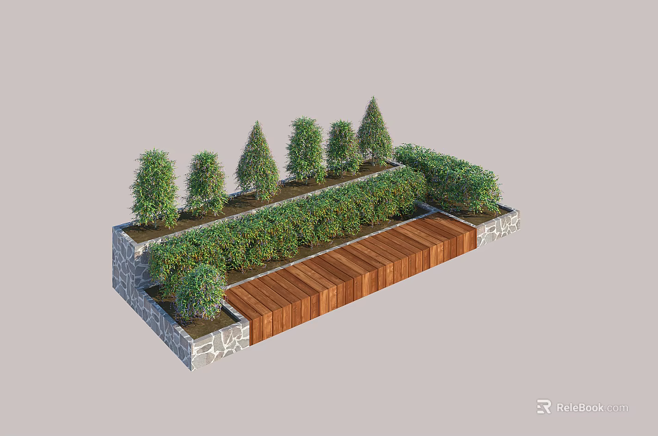 Different Types of Garden Shrubs Arranged with Wooden Deck and Stone Border 3d model 