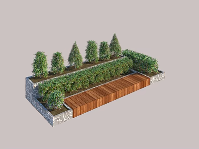 Different Types of Garden Shrubs Arranged with Wooden Deck and Stone Border 3d model