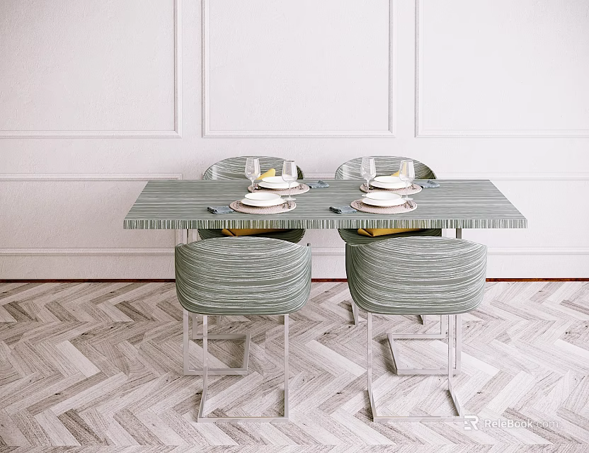 Light Green Dining Table Set With Striped Stools And Herringbone Floor Design 3d model
