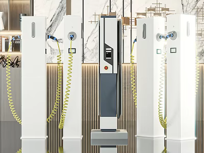 Public Electric Vehicle Charging Stations With White Design And Yellow Charging Cables 3d model