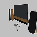 Contemporary TV Setup With Wooden Stand And Two Side Speakers For Home Entertainment
