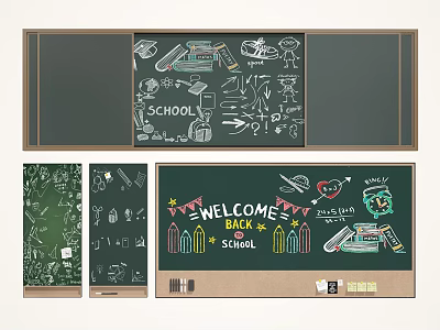 School Themed Chalkboard Wall With Welcome Back Message And Educational Doodles 3d model