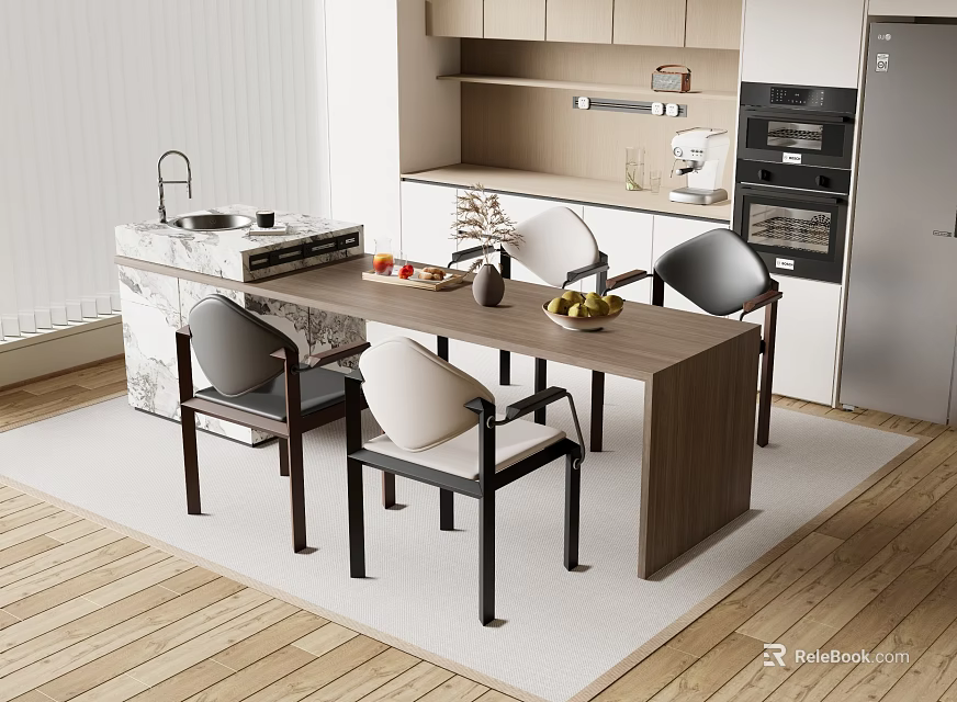 Elegant Modern Kitchen Interior With Bar Counter Marble Top And Dining Chairs 3d model 
