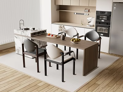 Elegant Modern Kitchen Interior With Bar Counter Marble Top And Dining Chairs 3d model