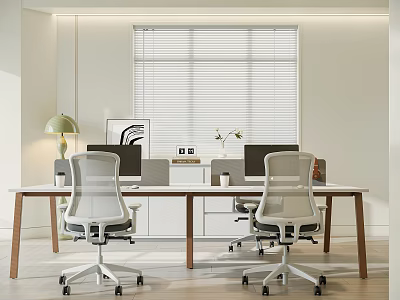 Modern Office With Open Desk Computers Ergonomic Chairs Table Lamp Window Blinds And Green Plants 3d model