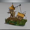 Whimsical Wooden Tower House With Thatched Roof Wooden Stairs Green Grass And Lotus Leaves