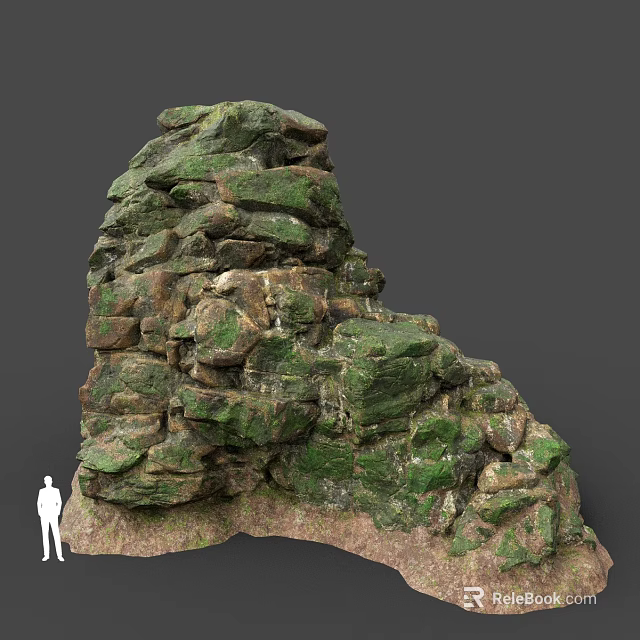Large Natural Rock Formation With Green Moss Covered Rough Surface and Human Figure for Scale 3d model 