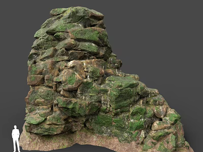 Large Natural Rock Formation With Green Moss Covered Rough Surface and Human Figure for Scale 3d model