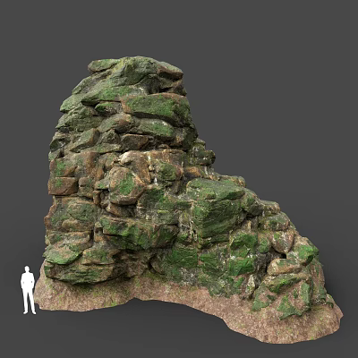 Large Natural Rock Formation With Green Moss Covered Rough Surface and Human Figure for Scale 3d model
