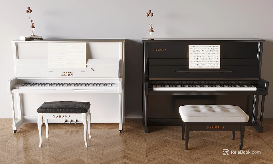 Stylish Piano Room Interior With White And Black Pianos Music Sheets Stools And Wooden Floor 3d model 