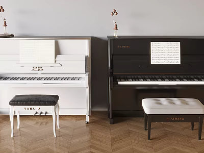 Stylish Piano Room Interior With White And Black Pianos Music Sheets Stools And Wooden Floor 3d model