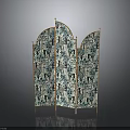 Elegant Three Panel Room Divider Screen With Golden Frame And Teal Floral Pattern