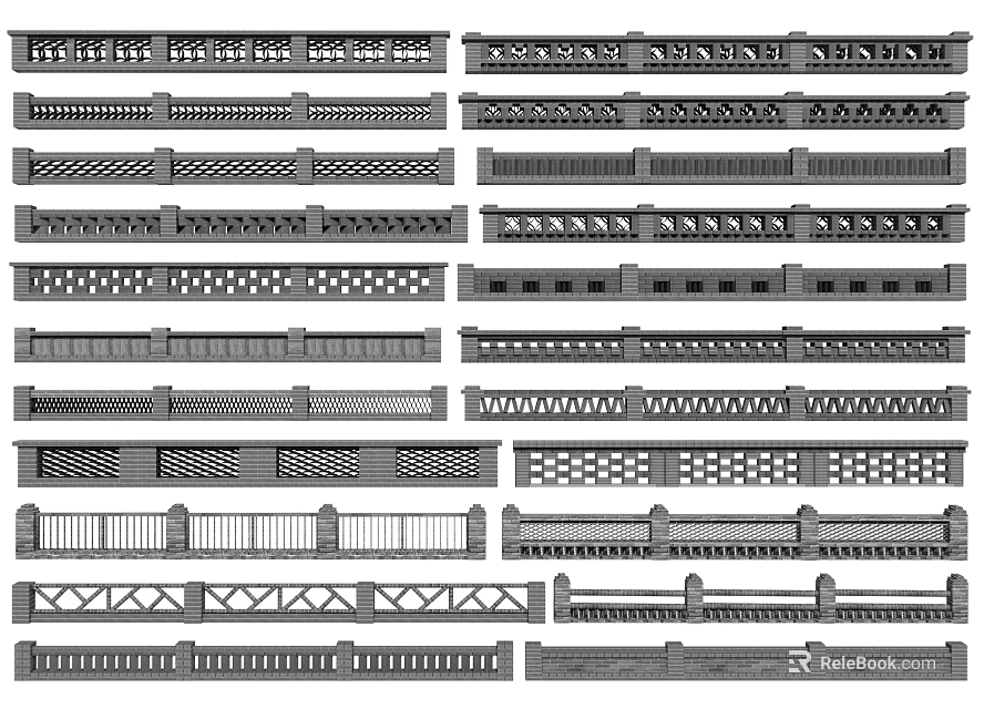 Decorative Landscape Wall Featuring Various Architectural Patterns And Ornamental Designs 3d model