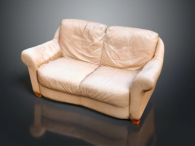 Beige Leather Two-Seater Sofa With Wrinkled Surface And Brown Legs 3d model