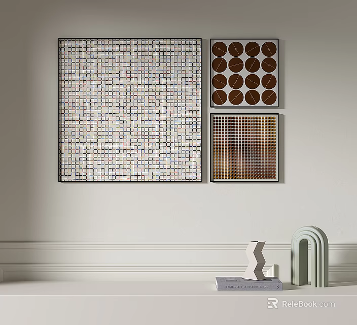 Geometric Wall Artworks With Colorful Grid Patterns And Decorative Objects On Shelf 3d model