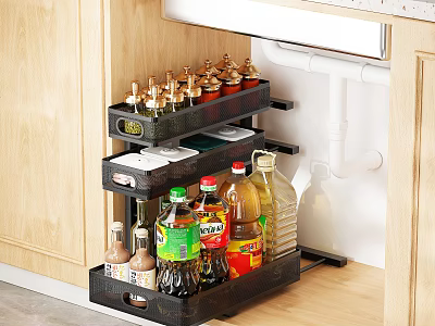 Kitchen Spice Bottles Organized With Multi Layer Under Cabinet Storage Rack 3d model