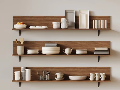 Wooden Shelves With Kitchenware Plates Cups And Utensils Arrangement 3d model