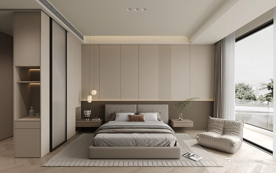 Modern Bedroom Interior Design With Large Bed Sleek Wall Panels And Floor To Ceiling Windows 3d model 