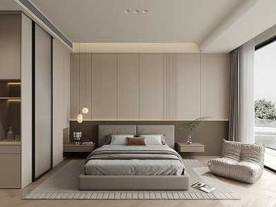 Modern Bedroom Interior Design With Large Bed Sleek Wall Panels And Floor To Ceiling Windows 3d model