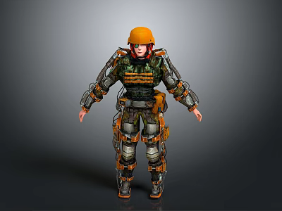 Armored Humanoid Character With Orange Helmet And Tactical Military Armor 3d model