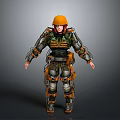 Armored Humanoid Character With Orange Helmet And Tactical Military Armor
